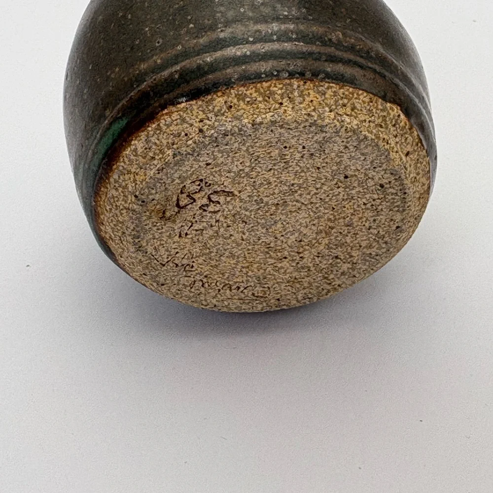 Vintage Signed Handcrafted Pottery Green and Brown Glaze Flower Frog/Vase